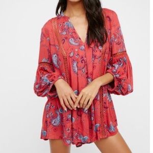 Free People Tunic Top Red Blue Paisley Just the Two of Us Boho Size Large New